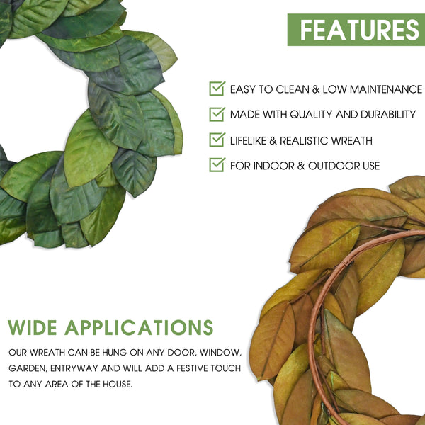 Vita Domi 24" Faux Magnolia Leaf Wreath - 2-Tone Green Artificial Boho Wreaths For Front Door, Kitchen, Home- Polyester, Metal Wire, Tape - Farmhouse Decor for Christmas, Wedding, Baby Shower