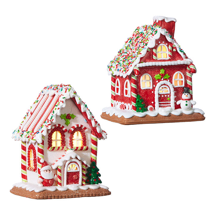 Vita Domi 7.25" Red And White Gingerbread Lighted House With Sprinkles Roof Battery Operated 2 Assorted Set (VTD-RZ-4016097-2AS)