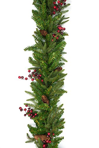 Vita Domi 9X14 Wellington Fir Decorative Green Christmas Garland, Christmas Greenery Garland, Thick Christmas Garland for Stairs Railing, 480 tips, Berries and Pinecones