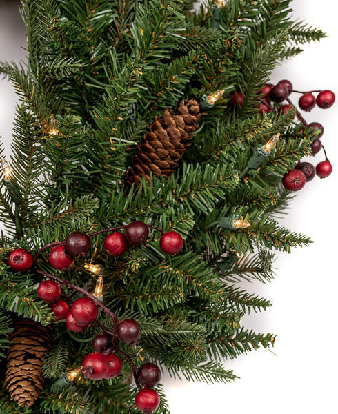 Vita Domi 30" Wellington Fir Pine Spruce Decorative Wreath 2 Tone Green with 400 Tips Berries and Pinecones (Unlit)