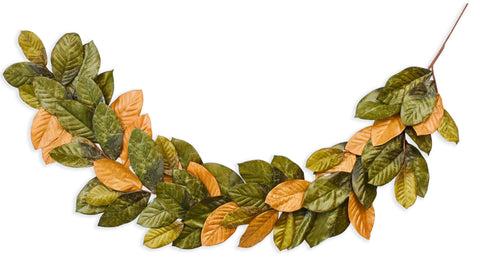 Vita Domi 6ft Magnolia Leaf Garland - 2-Tone Brown and Green Realistic Fall Garland for Mantle Decorations - Decorative Artificial Faux Magnolia Leaves for Christmas, Thanksgiving, Wedding Décor