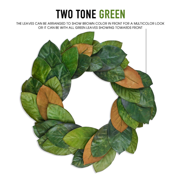 Vita Domi 24" Faux Magnolia Leaf Wreath - 2-Tone Green Artificial Boho Wreaths For Front Door, Kitchen, Home- Polyester, Metal Wire, Tape - Farmhouse Decor for Christmas, Wedding, Baby Shower