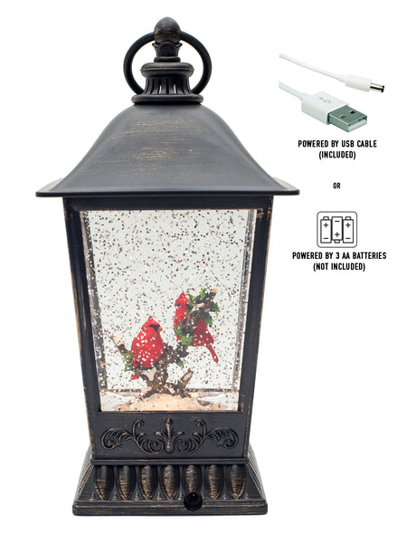 Vita Domi Antique Bronze 9.5" Perched Cardinals On Tree Branches Lighted Water Lantern Snow Globe With Swirling Glitter (VTD-ABF-XC7105)