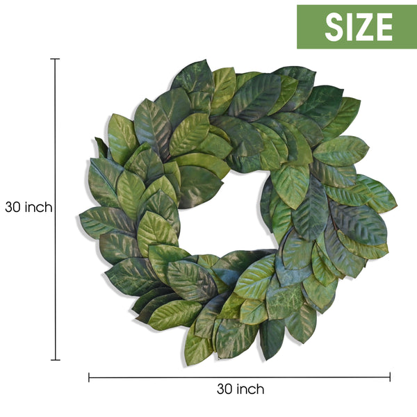 Vita Domi 30" Faux Magnolia Leaf Wreath - 2-Tone Green Artificial Boho Wreaths For Front Door, Kitchen, Home- Polyester, Metal Wire, Tape - Farmhouse Decor for Christmas, Wedding, Baby Shower