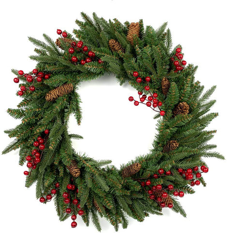 Vita Domi 30" Wellington Fir Pine Spruce Decorative Wreath 2 Tone Green with 400 Tips Berries and Pinecones (Unlit)