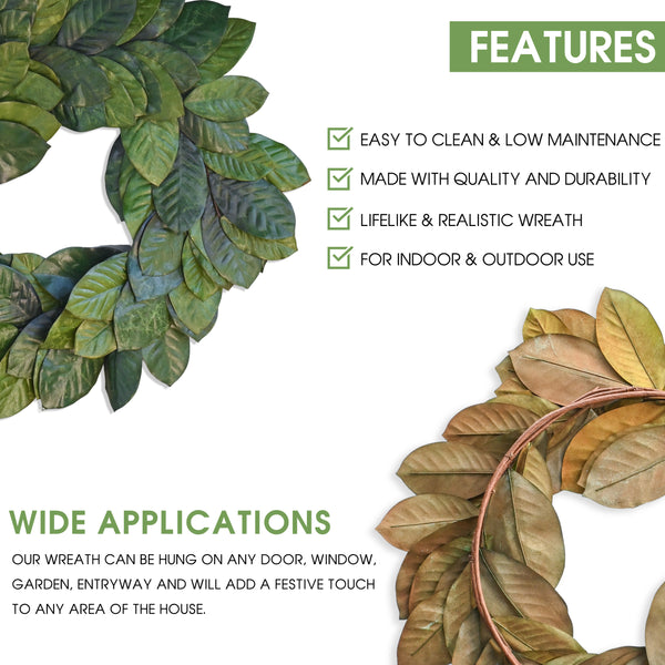 Vita Domi 30" Faux Magnolia Leaf Wreath - 2-Tone Green Artificial Boho Wreaths For Front Door, Kitchen, Home- Polyester, Metal Wire, Tape - Farmhouse Decor for Christmas, Wedding, Baby Shower