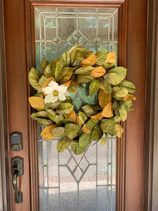 Vita Domi 30" Faux Magnolia Leaf Wreath - 2-Tone Brown Green Artificial Boho Wreaths For Front Door, Kitchen, Home- Polyester, Metal Wire, Tape - Farmhouse Decor for Christmas, Wedding, Baby Shower