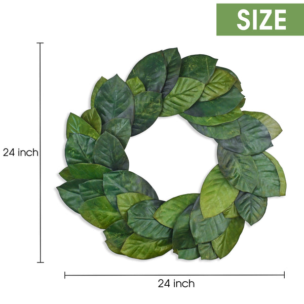 Vita Domi 24" Faux Magnolia Leaf Wreath - 2-Tone Green Artificial Boho Wreaths For Front Door, Kitchen, Home- Polyester, Metal Wire, Tape - Farmhouse Decor for Christmas, Wedding, Baby Shower