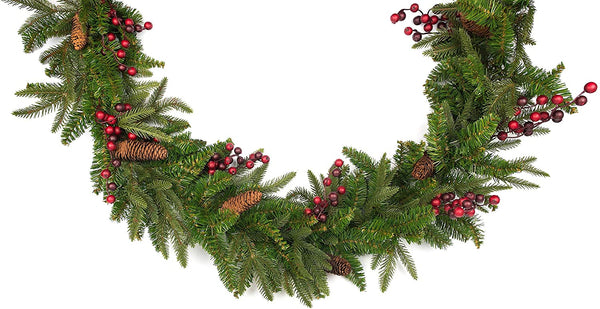 Vita Domi 9X14 Wellington Fir Decorative Green Christmas Garland, Christmas Greenery Garland, Thick Christmas Garland for Stairs Railing, 480 tips, Berries and Pinecones