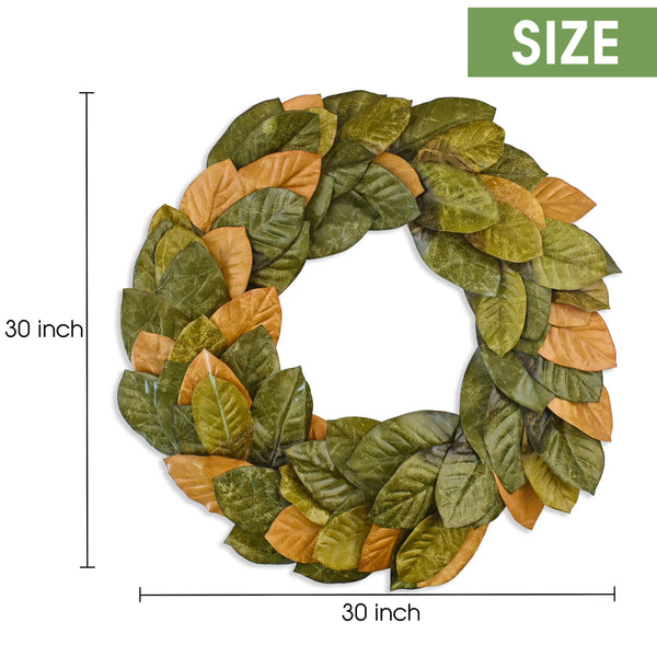 Vita Domi 30" Faux Magnolia Leaf Wreath - 2-Tone Brown Green Artificial Boho Wreaths For Front Door, Kitchen, Home- Polyester, Metal Wire, Tape - Farmhouse Decor for Christmas, Wedding, Baby Shower