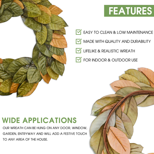 Vita Domi 30" Faux Magnolia Leaf Wreath - 2-Tone Brown Green Artificial Boho Wreaths For Front Door, Kitchen, Home- Polyester, Metal Wire, Tape - Farmhouse Decor for Christmas, Wedding, Baby Shower