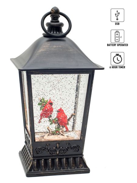 Vita Domi Antique Bronze 9.5" Perched Cardinals On Tree Branches Lighted Water Lantern Snow Globe With Swirling Glitter (VTD-ABF-XC7105)